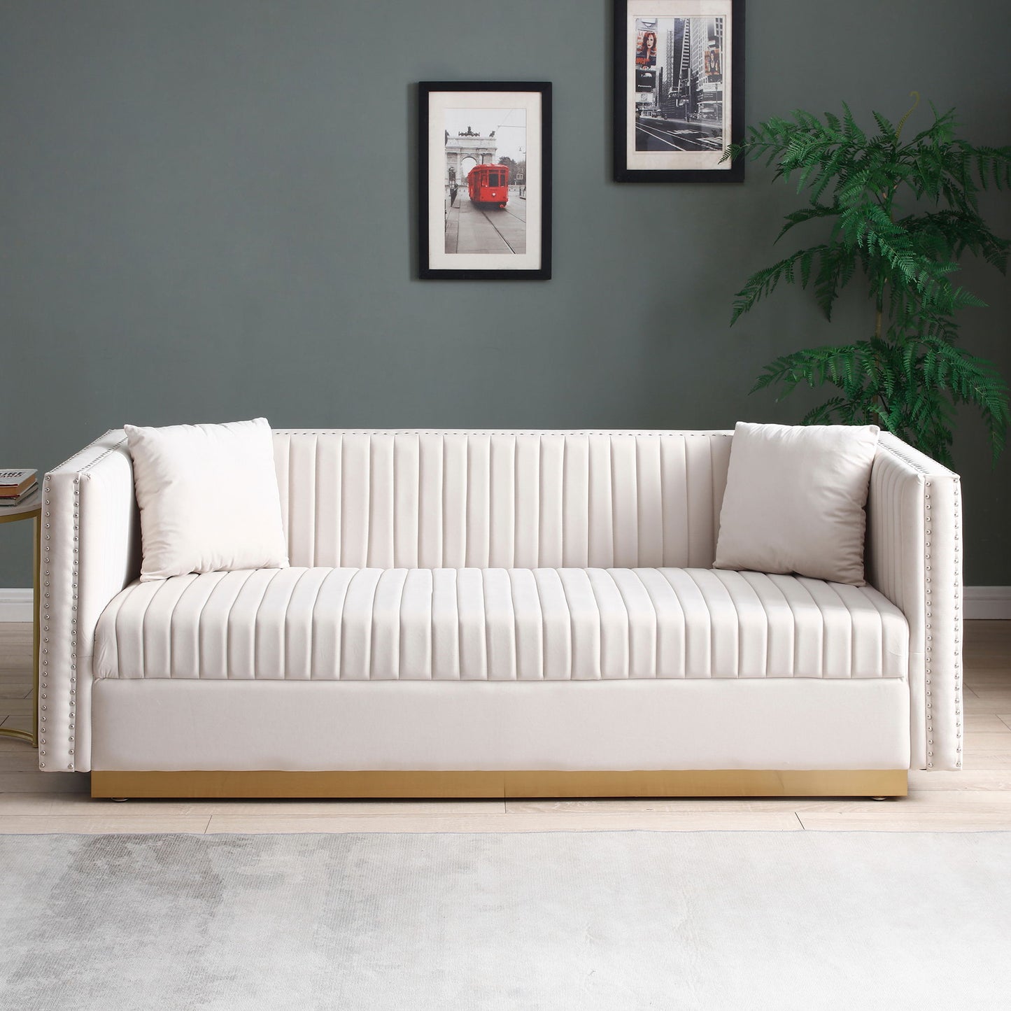 Contemporary Vertical Channel Tufted Sofa Modern Upholstered Couch For Living Room With 2 Pillows - Beige