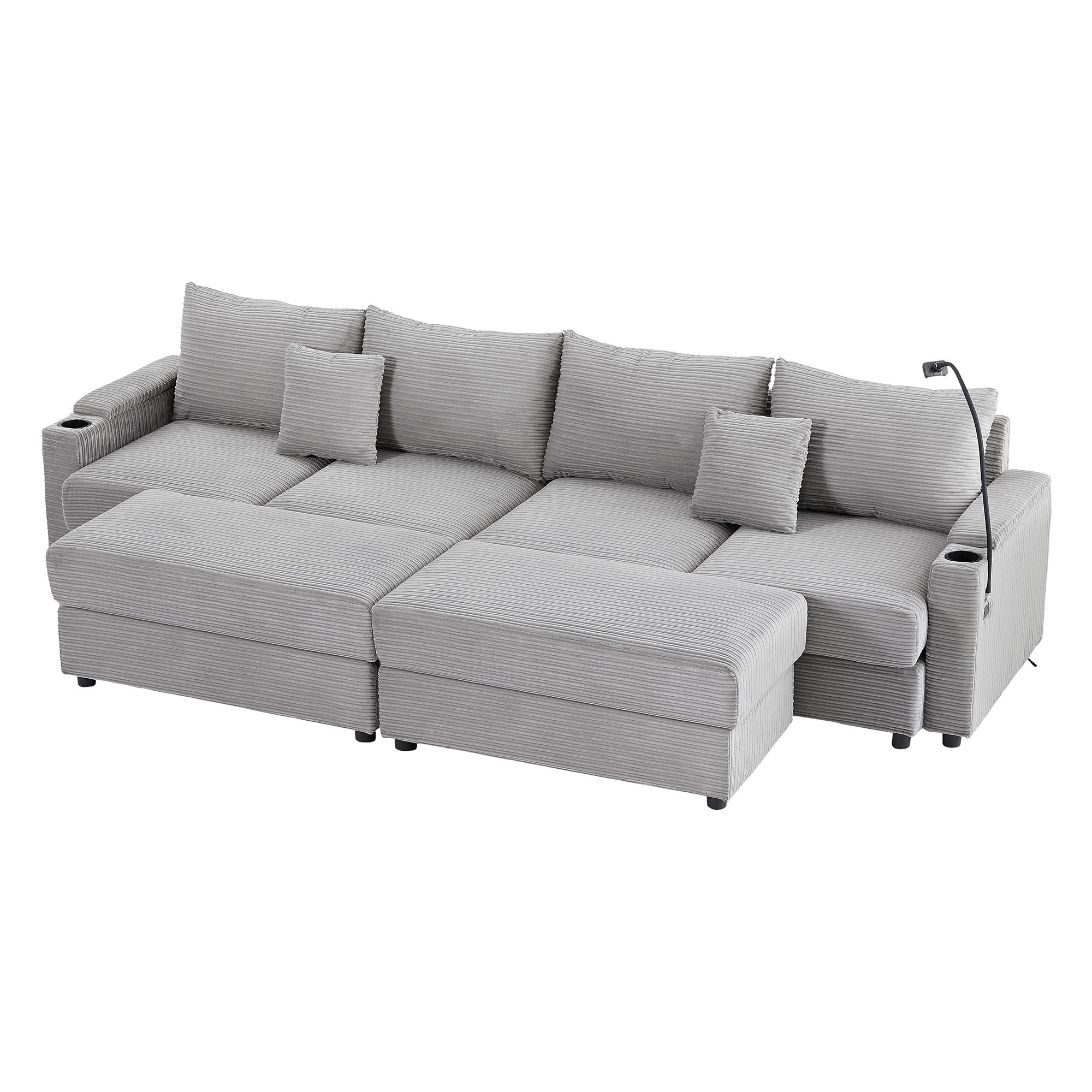 Modern Style 4 - Seater Sofa Sectional Sofa Couch With Storage Space, Two Movable Ottomans, Two USB Ports, Two Cup Holders, A Phone Holder For Living Room - Gray