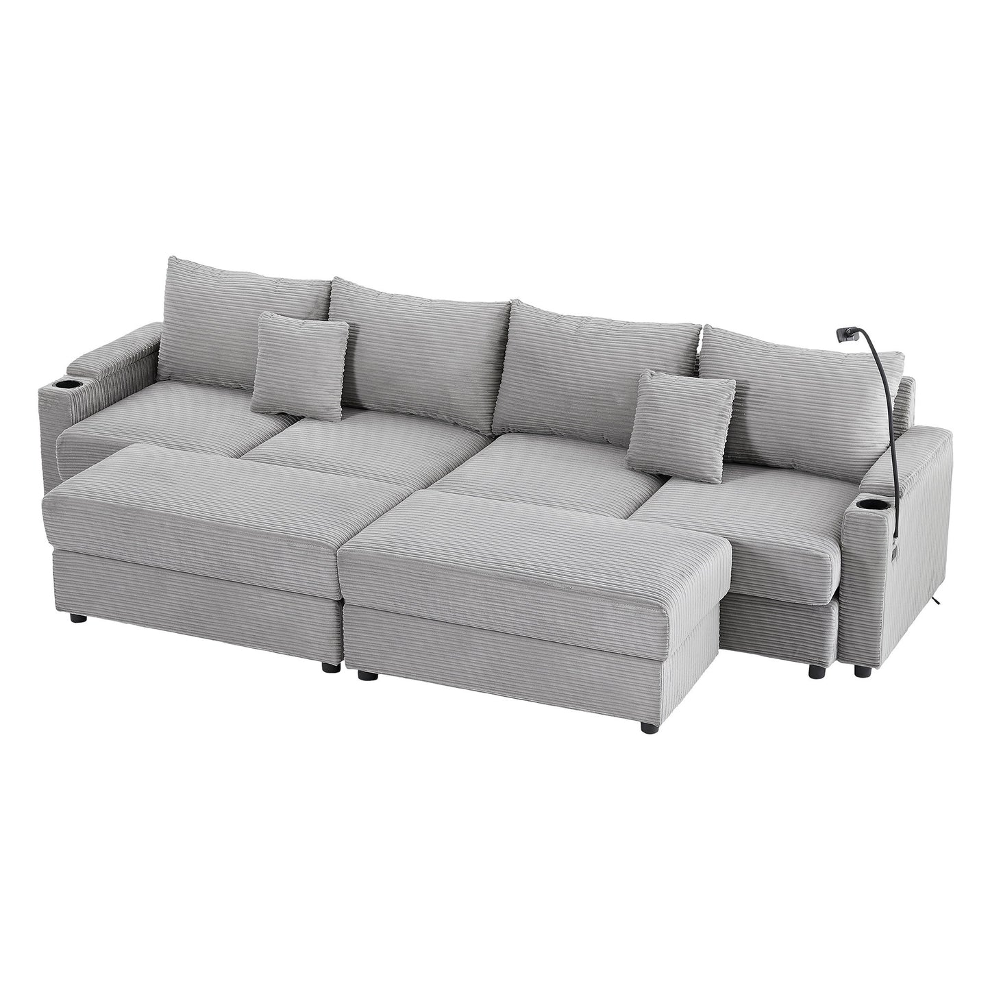 Modern Style 4 - Seater Sofa Sectional Sofa Couch With Storage Space, Two Movable Ottomans, Two USB Ports, Two Cup Holders, A Phone Holder For Living Room - Gray