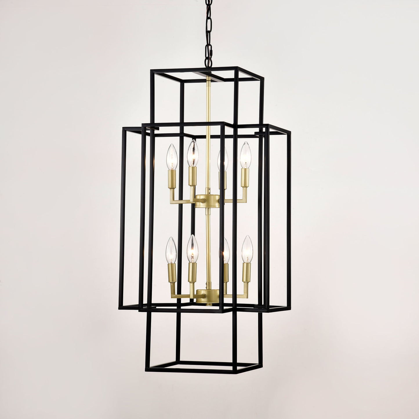 8 Light Metal Lantern Tiered Pendant Hanging Light Fixtures, Industrial Farmhouse Adjustable Height Chandeliers For Dining Room Hallway Foyer Entryway (E12 Bulbs Not Included) - Matte Black / Gold