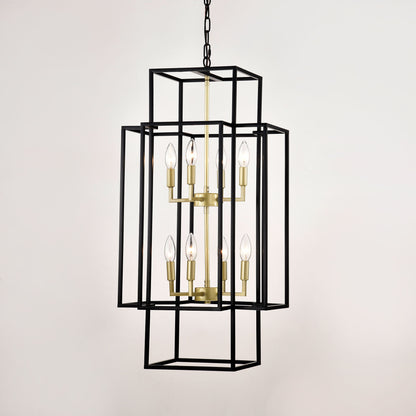 8 Light Metal Lantern Tiered Pendant Hanging Light Fixtures, Industrial Farmhouse Adjustable Height Chandeliers For Dining Room Hallway Foyer Entryway (E12 Bulbs Not Included) - Matte Black / Gold
