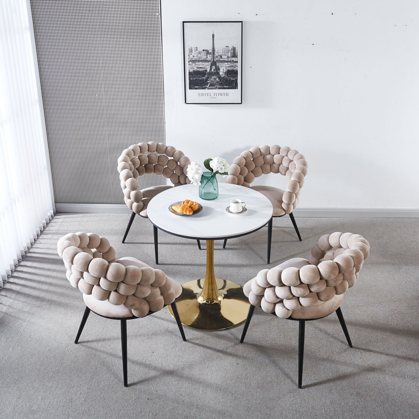 Modern Chair With Golden Color Iron Tube Legs, Soft Cushions And Comfortable Backrest, Suitable For Dining Room, Living Room, Cafe, Hairball Back (Set of 2) - Beige / Black