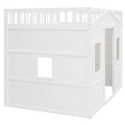 Full Size House Loft Bed With Ladder - White