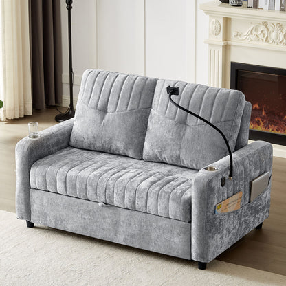 Modern Loveseat Pull Out Sofa Bed With Adjustable Backrest, Two Cup Holders, A Phone Holder, Three Charging Ports And Side Storage Pockets For Living Room - Gray