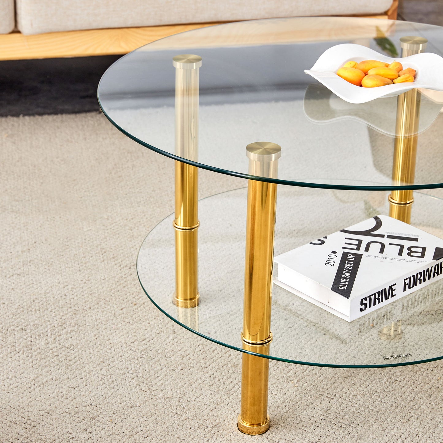 Contemporary Minimalist Double Layer Tempered Glass Coffee Table - Gold / Transparent
