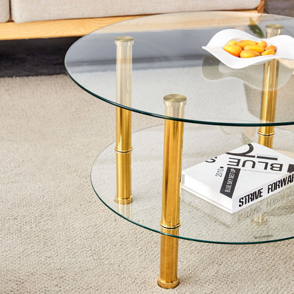 Contemporary Minimalist Double Layer Tempered Glass Coffee Table - Gold / Transparent
