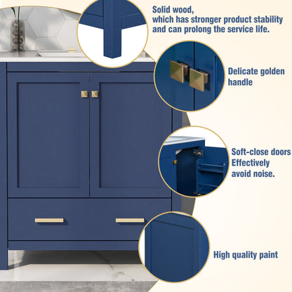 Bathroom Vanity With Single Sink, Combo Cabinet Undermount Sink, Bathroom Storage Cabinet With 2 Doors And A Drawer, Soft Closing, Multifunctional Storage, Solid Wood Frame - Blue