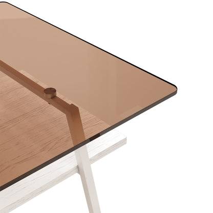 Rectangle Coffee Table, Tempered Glass Tabletop With White Metal Legs, Modern Table For Living Room - Brown / White