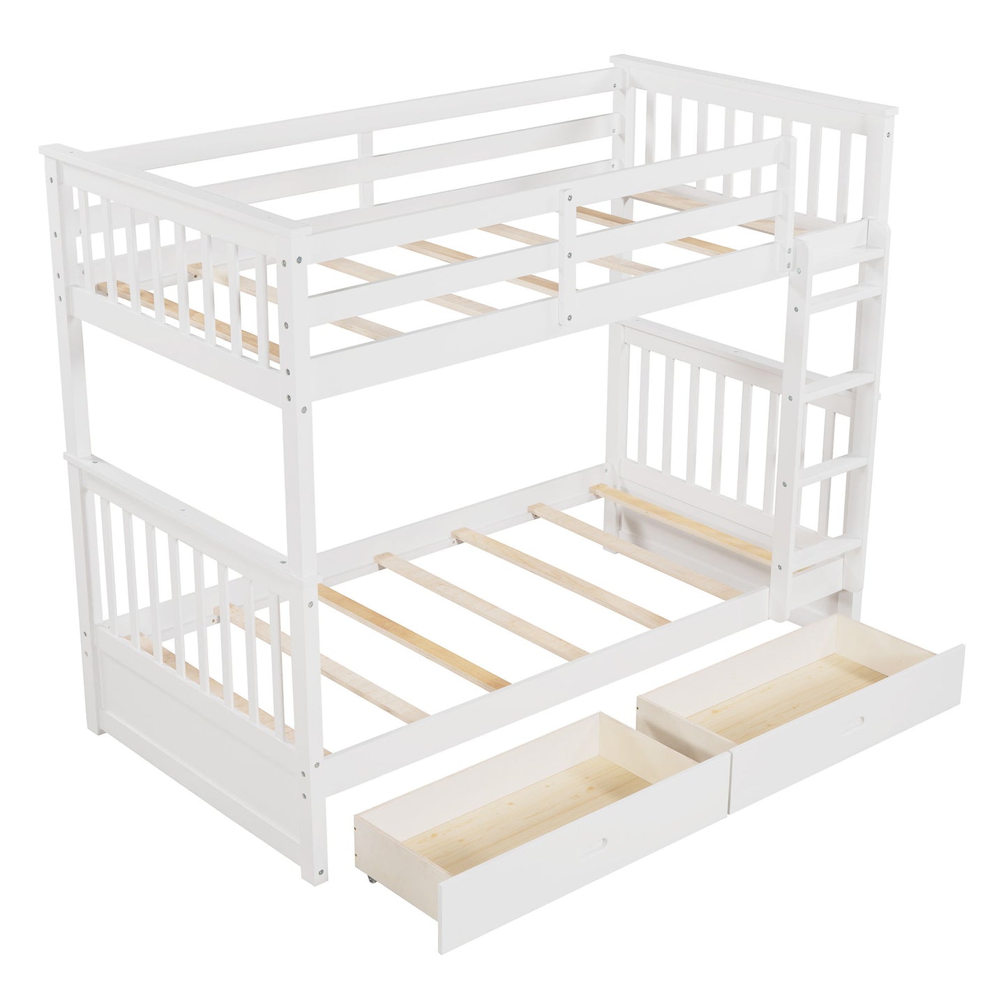 Twin Over Twin Bunk Bed With Ladders And 2 Storage Drawers - White