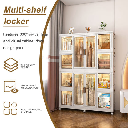 Portable Wardrobe Closet Storage Organizer For Clothes With Magnetic Doors, 12 Cubes & 2 Hanging Rods - White