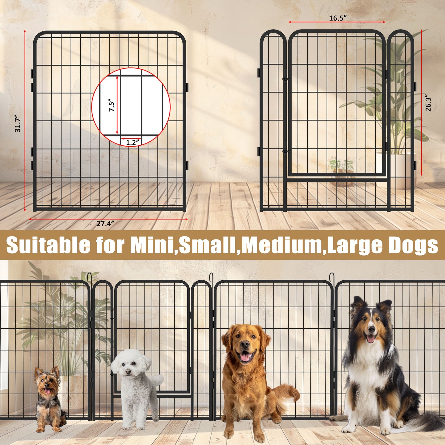 12 Panels Heavy Duty Metal Playpen With Door, Dog Fence Pet Exercise Pen For Outdoor - Black