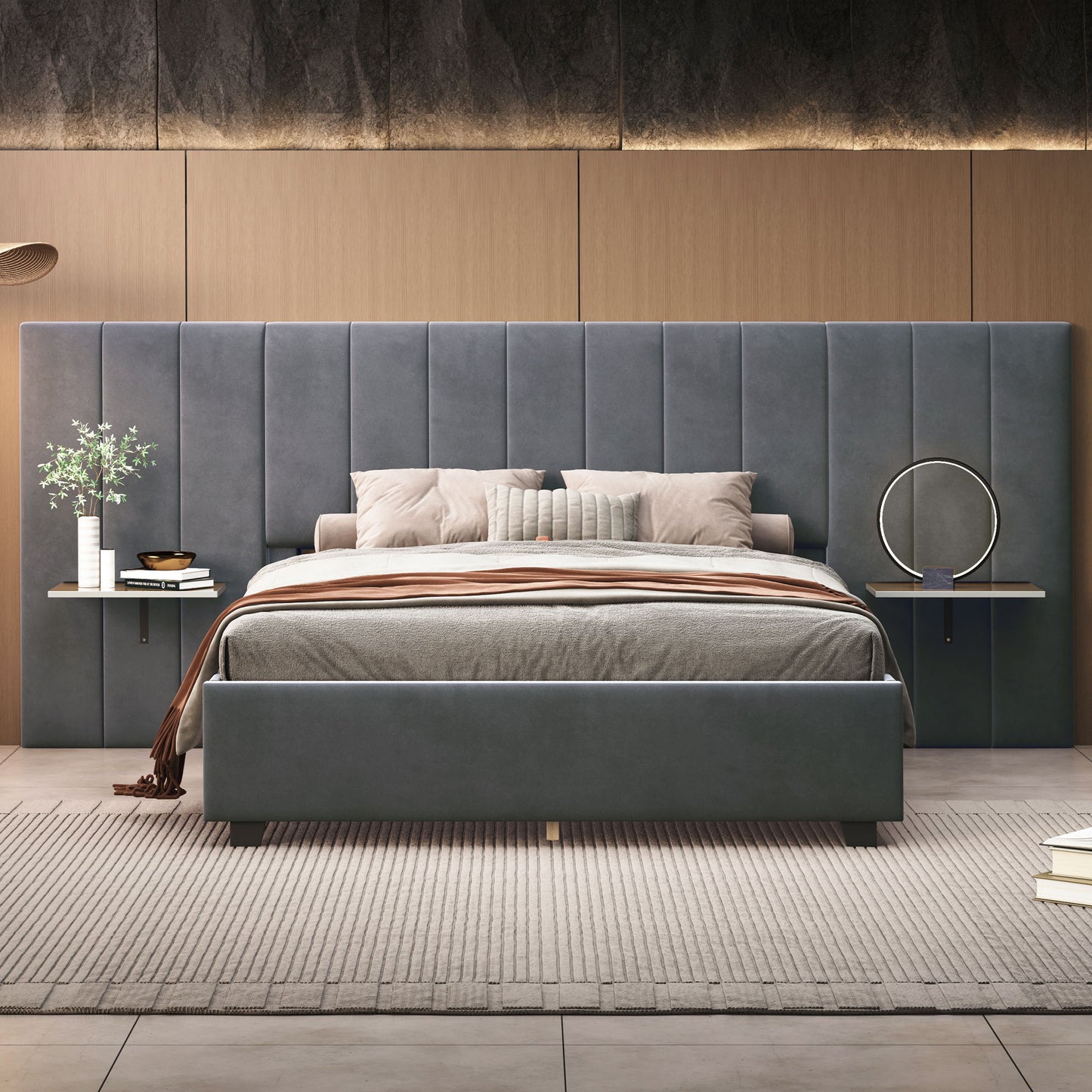 Queen Size Upholstered Platform Bed With Big Headboard - Gray