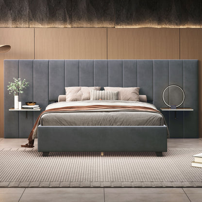 Queen Size Upholstered Platform Bed With Big Headboard - Gray