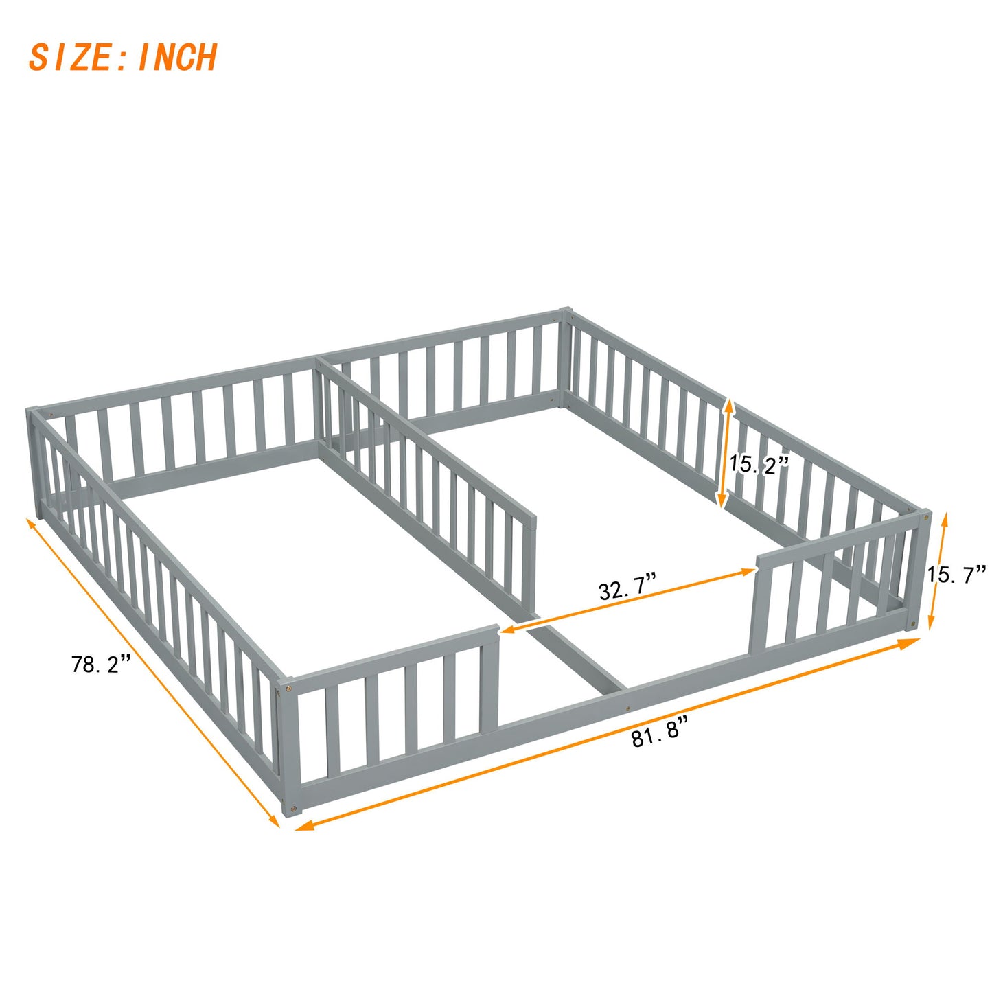 Double Twin Floor Bed With Fence, Guardrails, Without Door - Gray