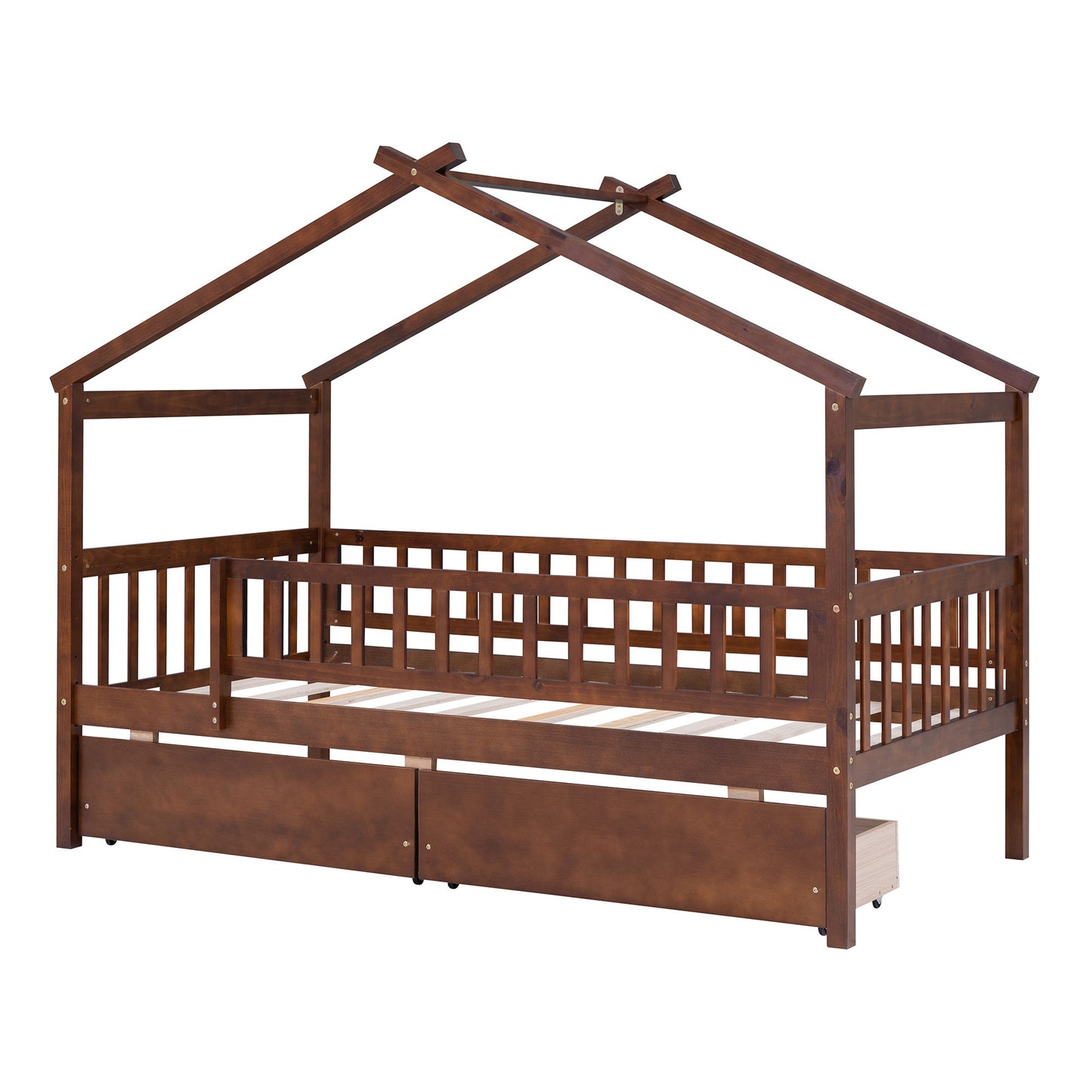 Twin Size House Bed With 2 Drawers - Walnut