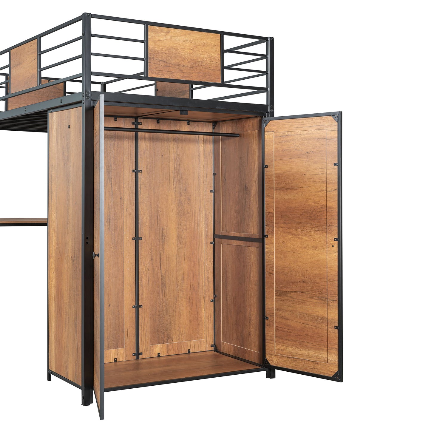 Twin Size Loft Bed With L Shape Desk And Wardrobe - Black