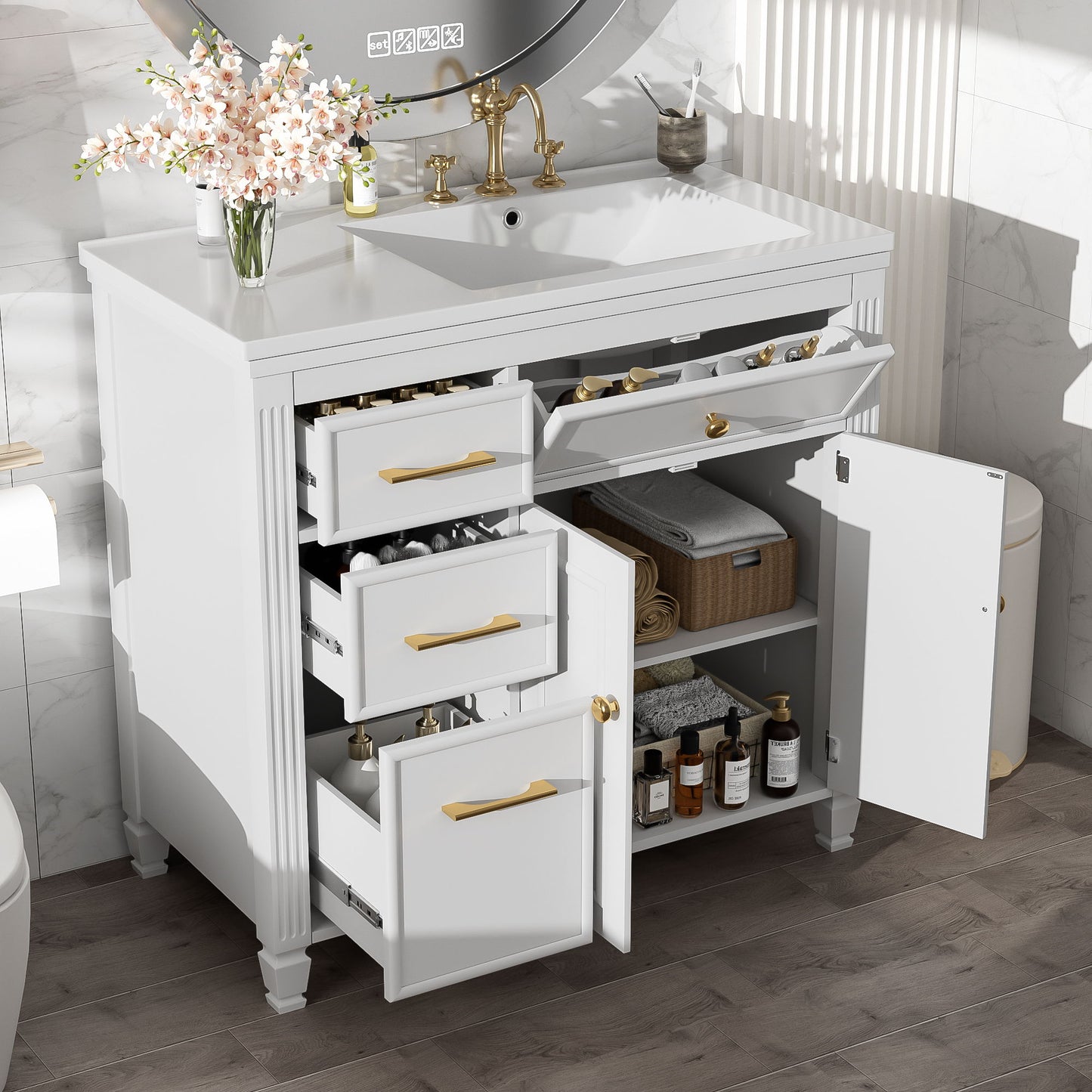 Modern Bathroom Vanity With Ceramic Sink, Freestanding, One Tip - Out Drawer, 3 Side Drawers, Adjustable Shelf - White