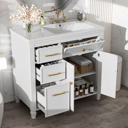 Modern Bathroom Vanity With Ceramic Sink, Freestanding, One Tip - Out Drawer, 3 Side Drawers, Adjustable Shelf - White