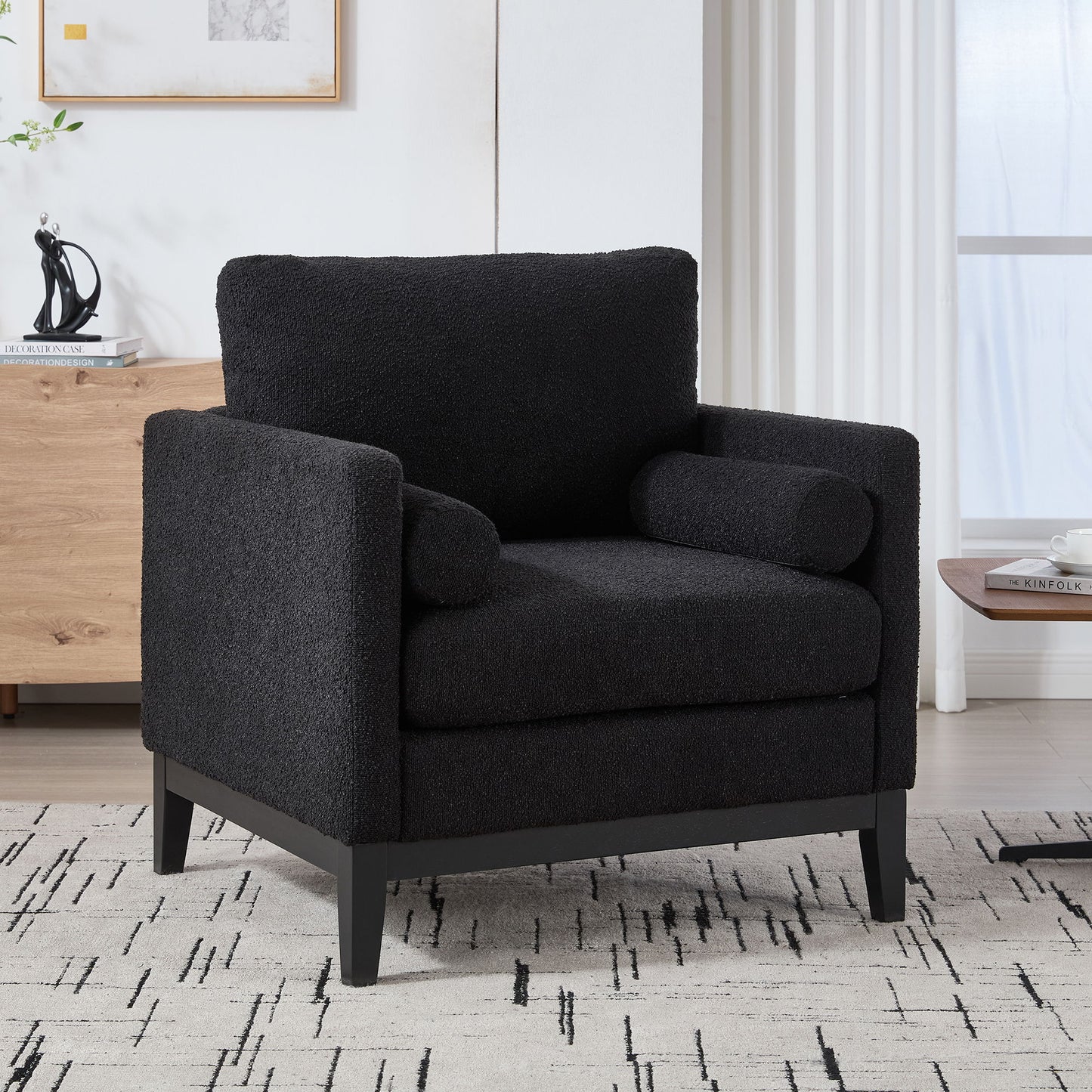 Wide Modern Farmhouse Performance Accent Chair With Black Legs, Wood Base Reading Armchair Single Sofa With 2 Bolster Pillows For Living Room Offices And Lounge - Black