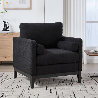 Wide Modern Farmhouse Performance Accent Chair With Black Legs, Wood Base Reading Armchair Single Sofa With 2 Bolster Pillows For Living Room Offices And Lounge - Black