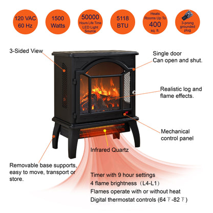 18" 3D Flame Electric Infrared Quartz Fireplace Stove With Remote Control - Antique Black