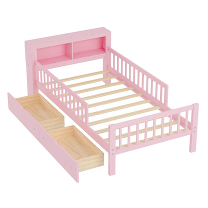 Twin Size Bed With Headboard Storage Rack, 2 Under Bed Drawers, 3 - Side Guardrails For Safety And Security - Pink