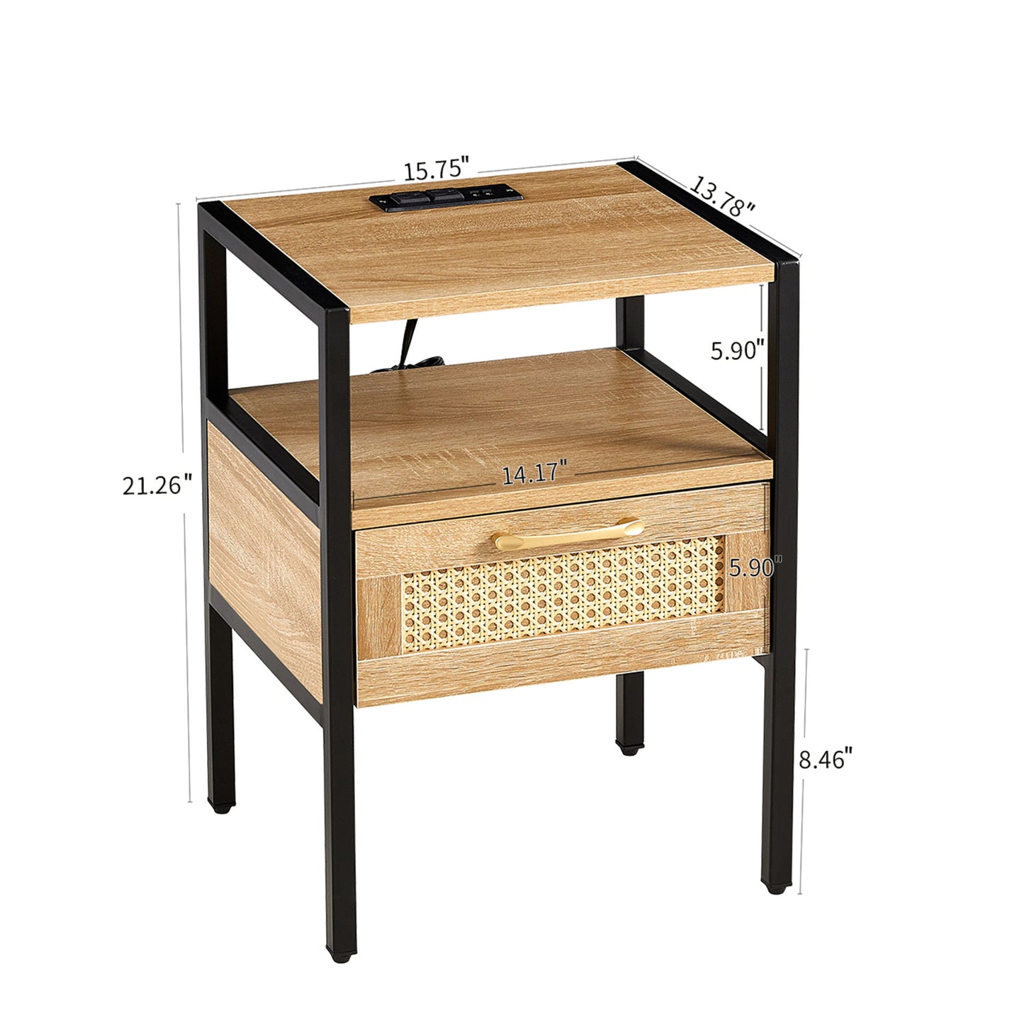 Rattan End Table With Power Outlet & USB Ports, Modern Nightstand With Drawer And Metal Legs, Side Table For Living Room, Bedroom - Natural