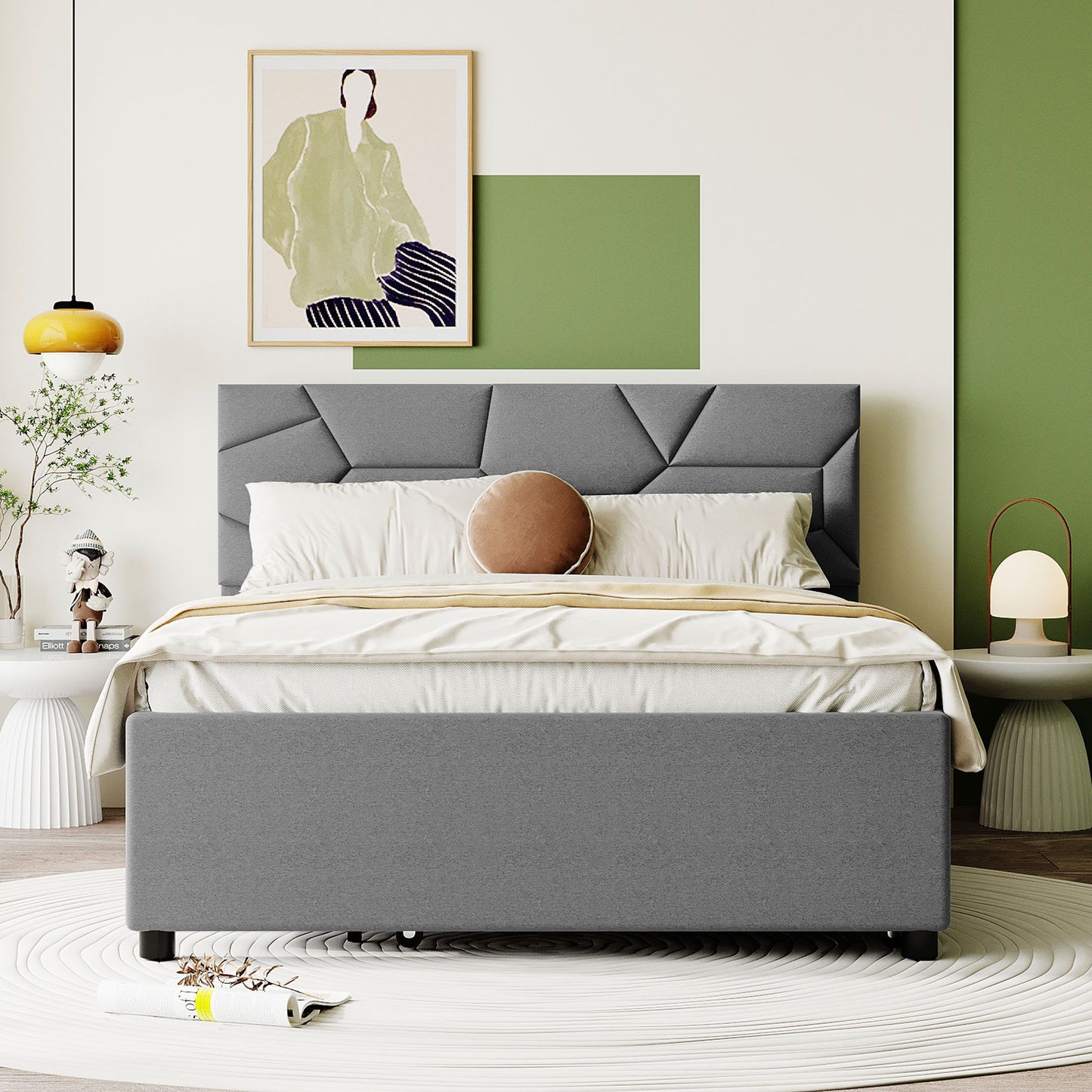 Full Size Upholstered Platform Bed With Brick Pattern Headboard And Twin Size Trundle - Gray