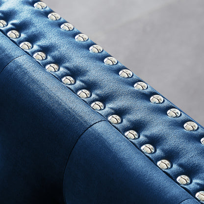 Wide Sofa With Jeweled Buttons, Square Arm, 2 Pillows - Blue