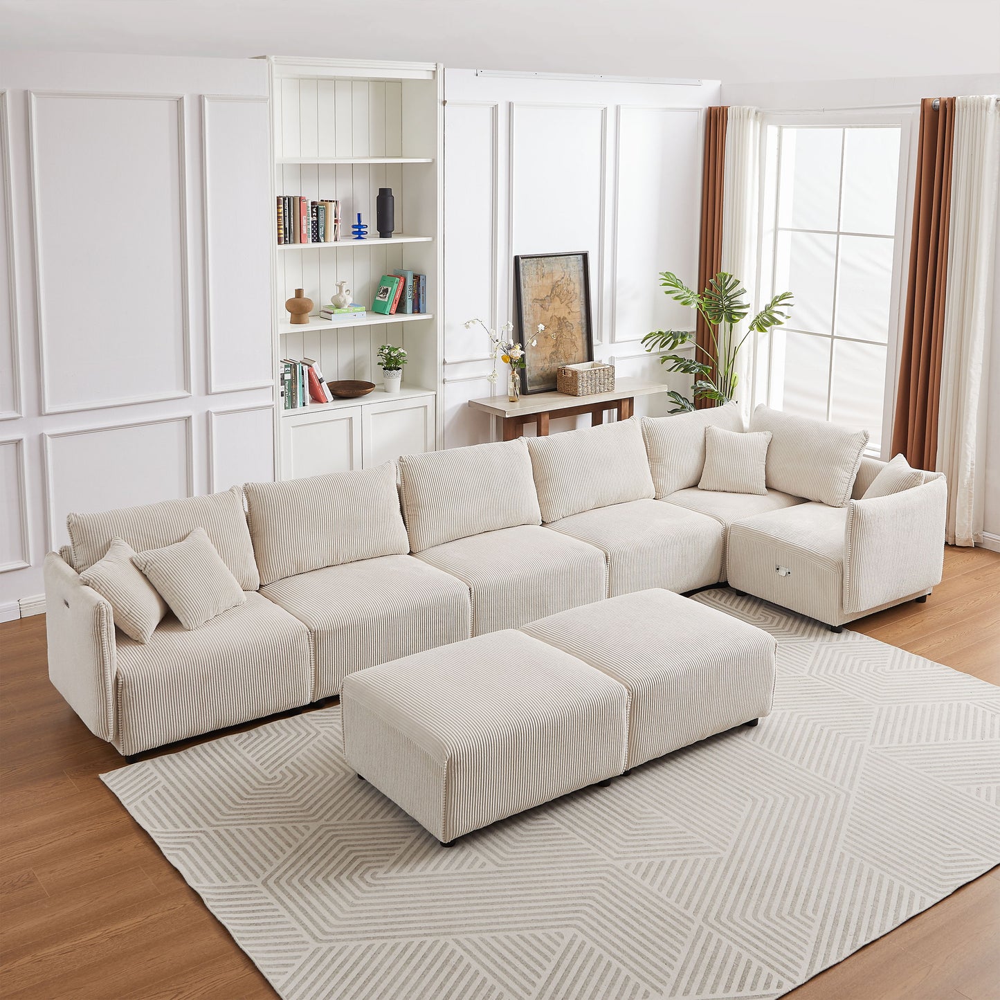 Multi Module Combination Style Sofa For Living Room And Other Lounge Spaces, Modern Minimalist Corduroy Combination Sofa With 2 Comfort Cushions With USB & C Charging Ports, 2 Sets - Beige