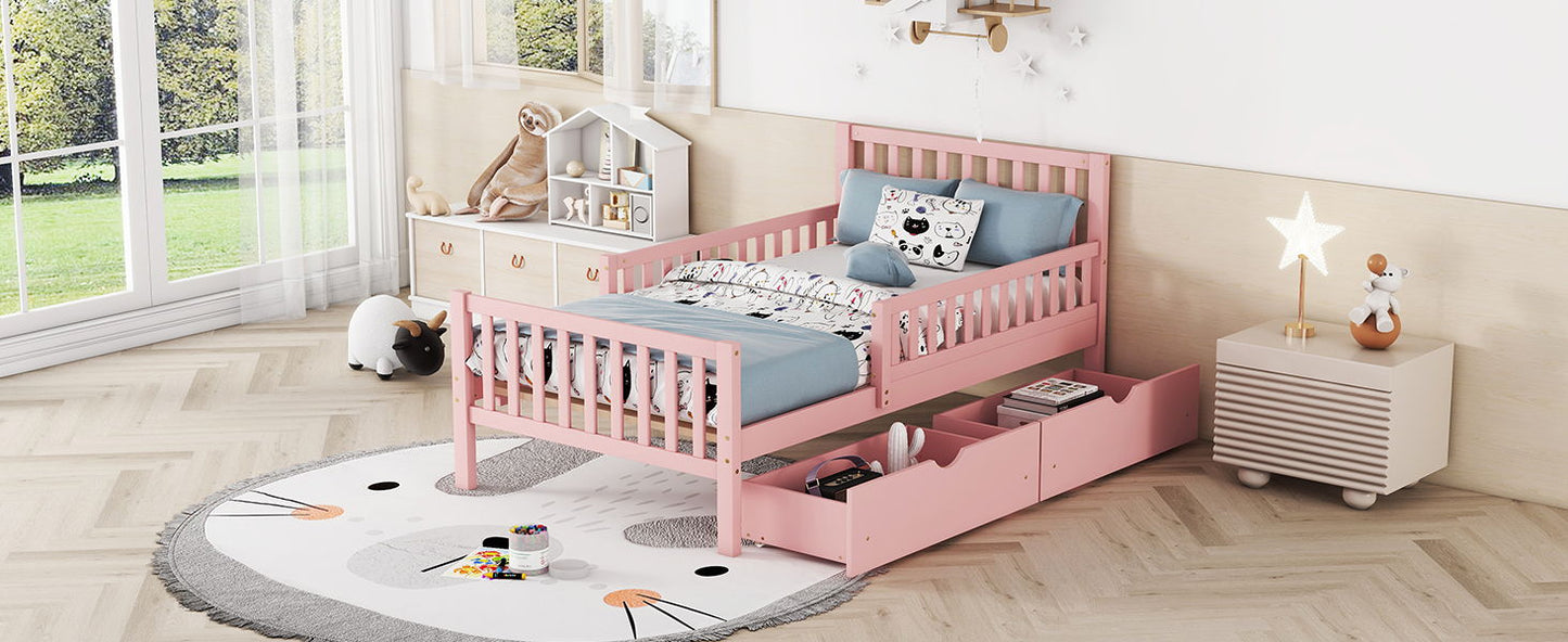 Twin Size Platform Bed With Guardrails On Both Sides And 2 Storage Drawers - Pink