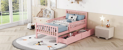 Twin Size Platform Bed With Guardrails On Both Sides And 2 Storage Drawers - Pink
