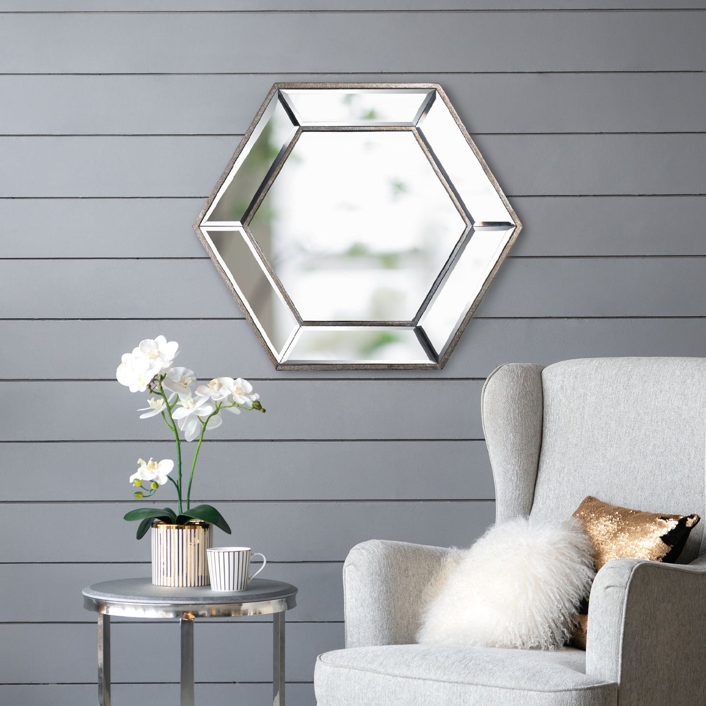 Hexagon Wall Mirror With Contemporary Glass Design, Home Decor Accent Mirror For Living Room, Entryway, Bedroom - Silver