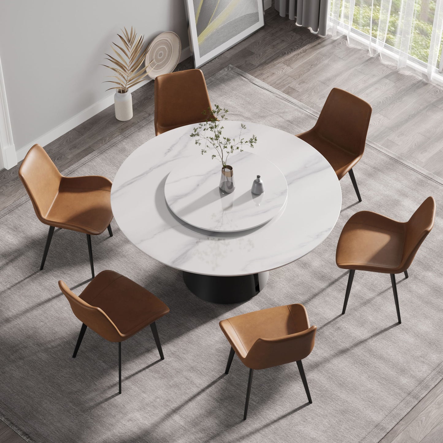 59.05" Modern Artificial Stone Round Carbon Steel Base Dining Table, Can Accommodate 6 People, White Artificial Stone Turntable - White / Black