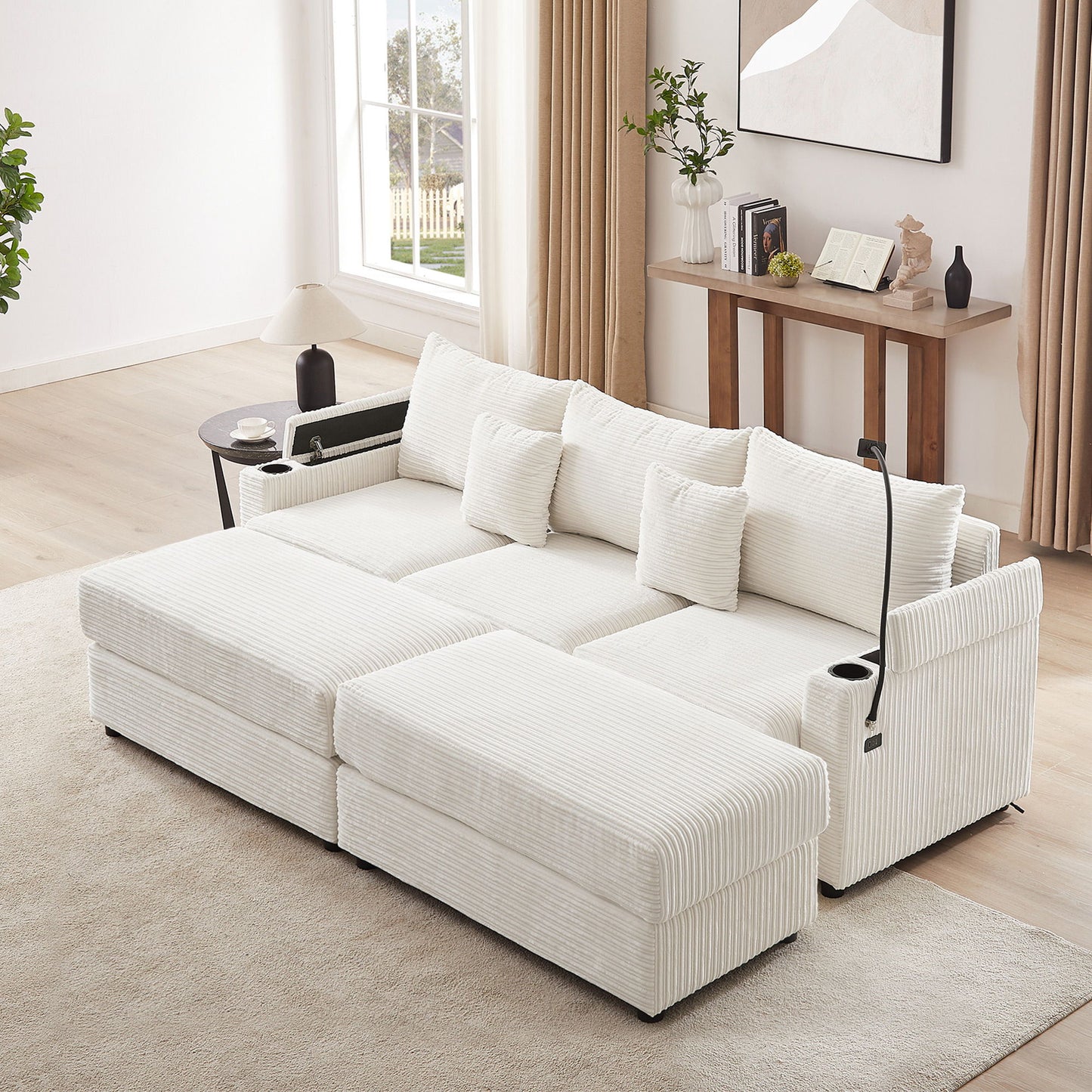Modern Style 3 Seater Sofa Sectional Sofa Couch With Storage Space, Two Movable Ottomans, Two USB Ports, Two Cup Holders, A Phone Holder For Living Room - Beige