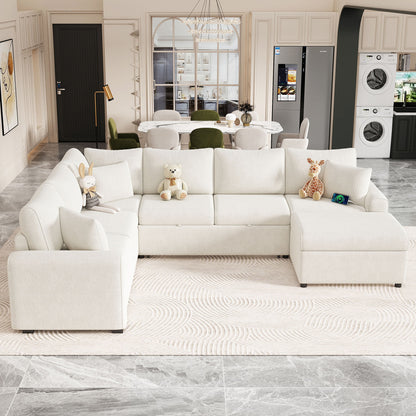 Sectional Sofa Pull-Out Sofa Bed Sleeper With A Storage Ottoman, Three Pillows And Charging Devices For Living Room - Cream