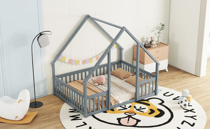 Full Wood House-Shaped Floor Bed With Fence, Guardrails - Gray