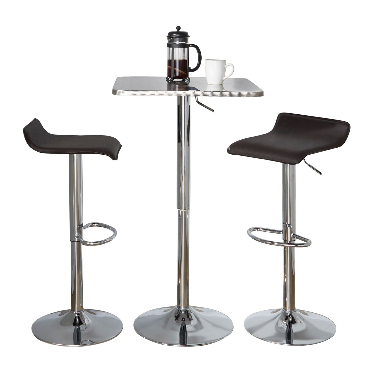Ale - 3 Piece Bar Set Bistro Square Contemporary Adjustable Oval Footrest - Silver / Chrome / Brown