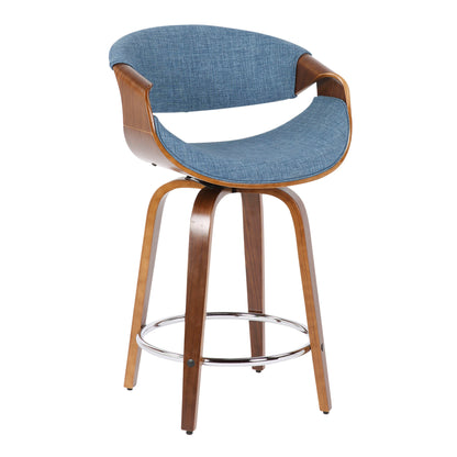 Curvini - Mid-Century Modern Counter Stool (Set of 2) - Walnut / Blue