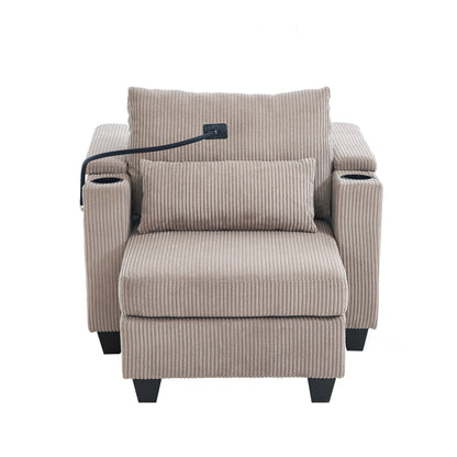 Convertible Chaise Lounge Sofa Chair With USB Ports, Cup Holders, Phone Holder, Storage - Brown
