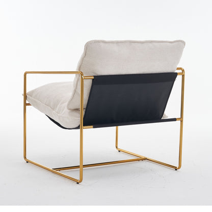 Upholstered Hanging Armchair With Arm Pocketsmetal Frame, Gold-Plated Craftsmanship, Crushed Foam Cushions And Skin-Friendly Woven Fabric For Living Room (Set of 2) - Beige