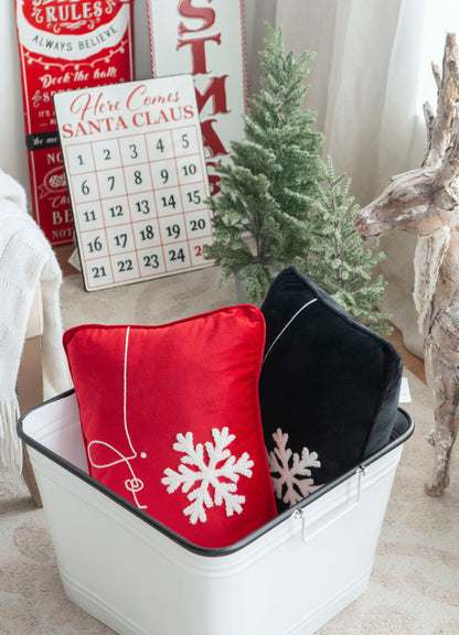 Velvet Pillow With Embroidered Joy And Frosty Snowflake, For Christmas Halloween Holiday Decor (Set of 2) - Black White