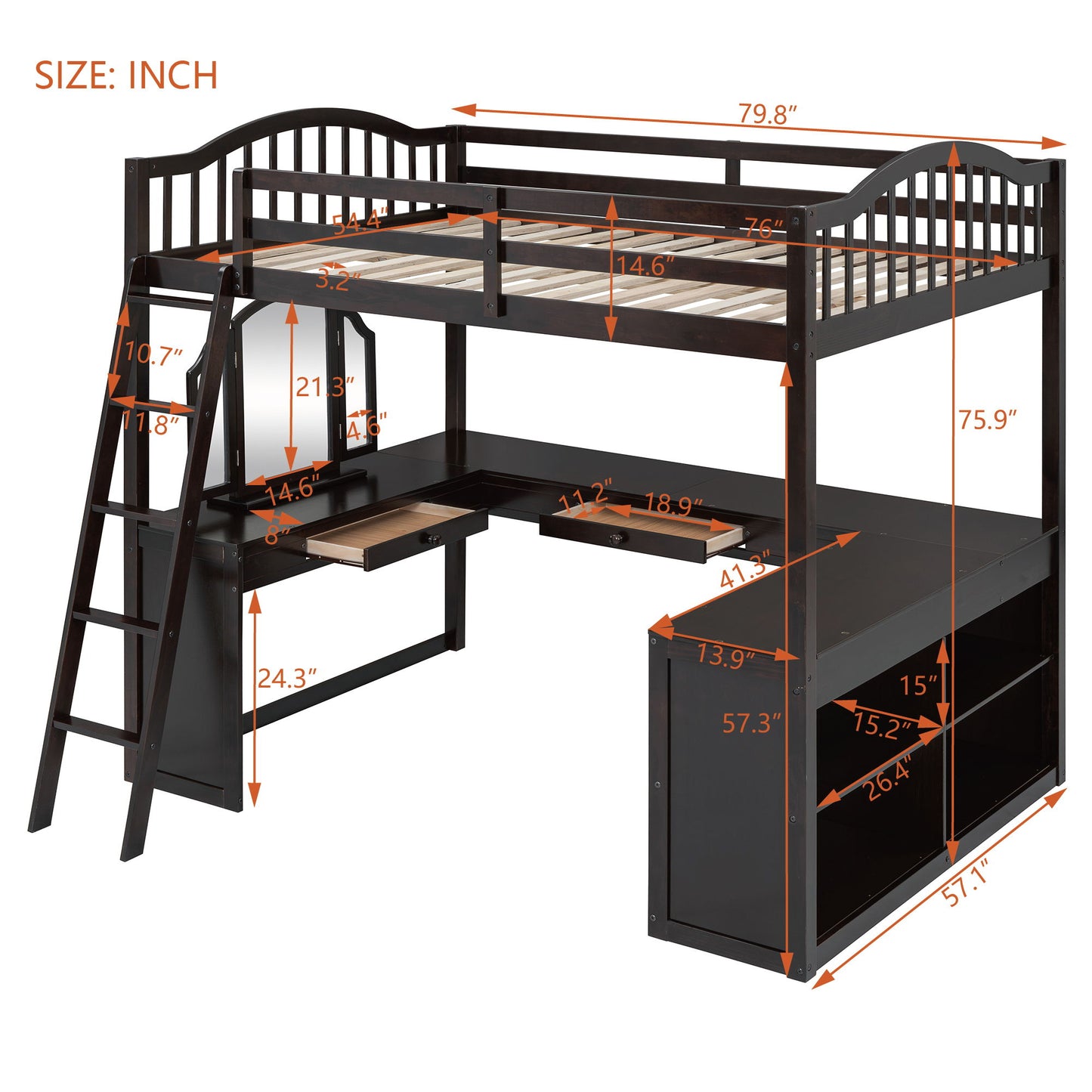 Full Loft Bed With U Shaped Desk, Storage Compartments And Tri Fold Mirror - Espresso
