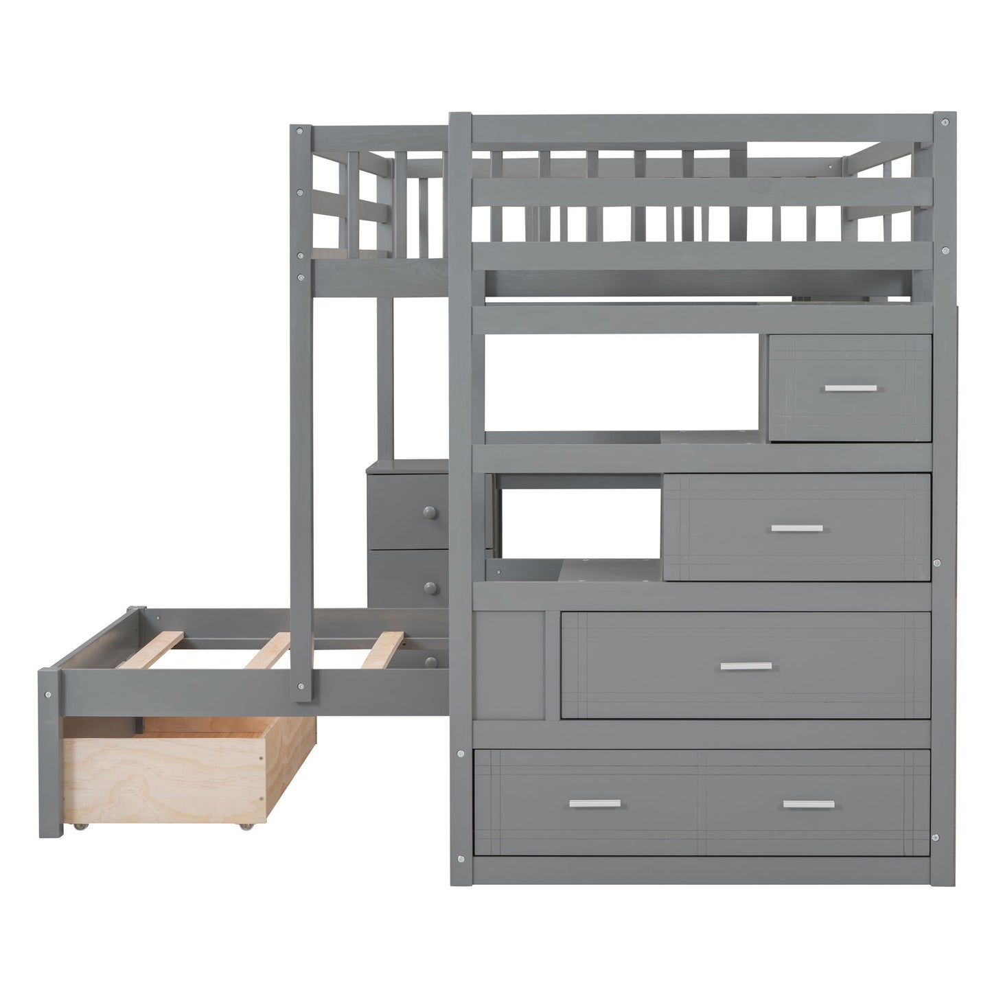Full Over Twin Bunk Bed With Desk, Drawers And Shelves - Gray