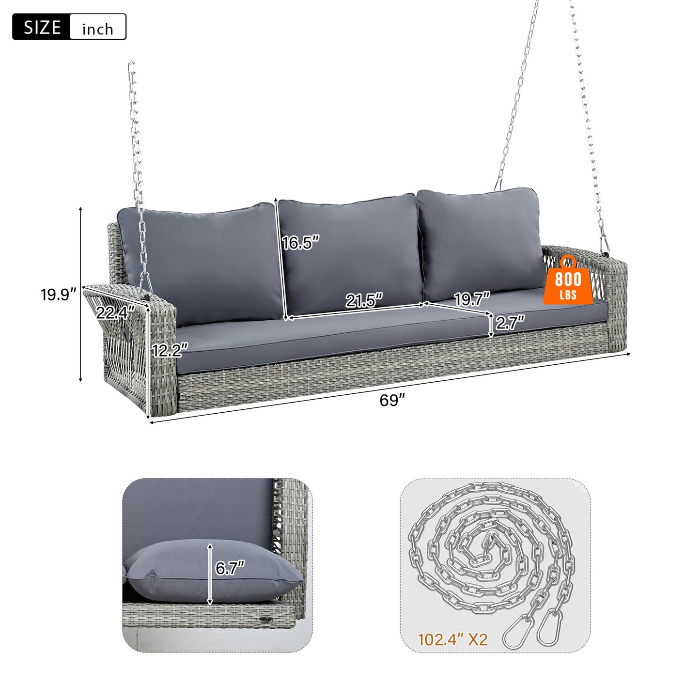 3 Person Porch Swing With Chains, Large Patio Swing Bench With Cushions For Backyard, Garden, And Poolside - Gray