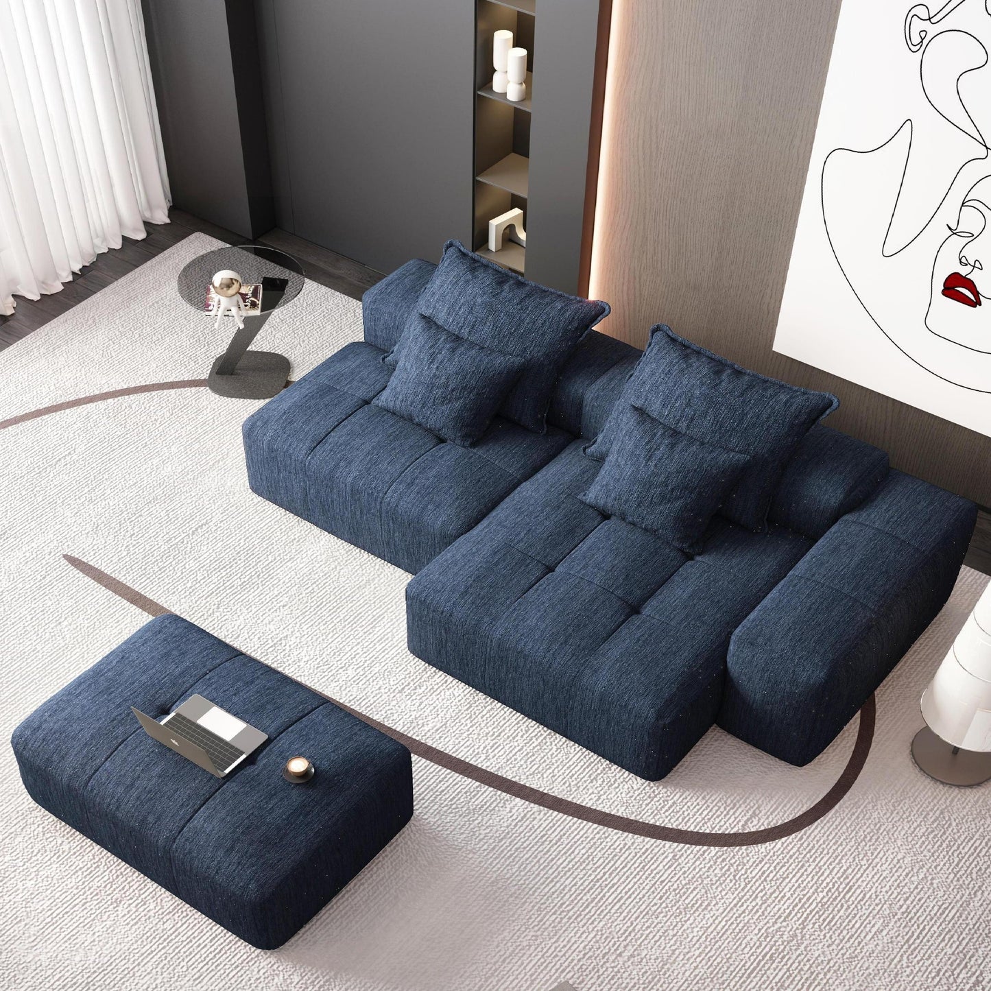 Modern Oversized Modular Sectional Sofa With Ottoman, Seat, Chaise Lounge And Armrest, Sparkling Chenille Fabric Soft Cushion Sofa With 4 Pillows, 4 Pieces Diy Combination Tufted Sofa, No Assembly Required - Blue
