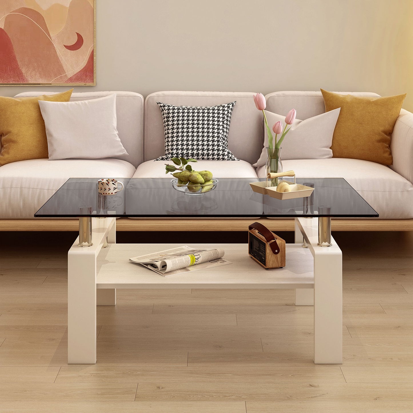 Modern Rectangular Coffee Table With Tempered Glass Top Layer, Table For Living Room - Gray