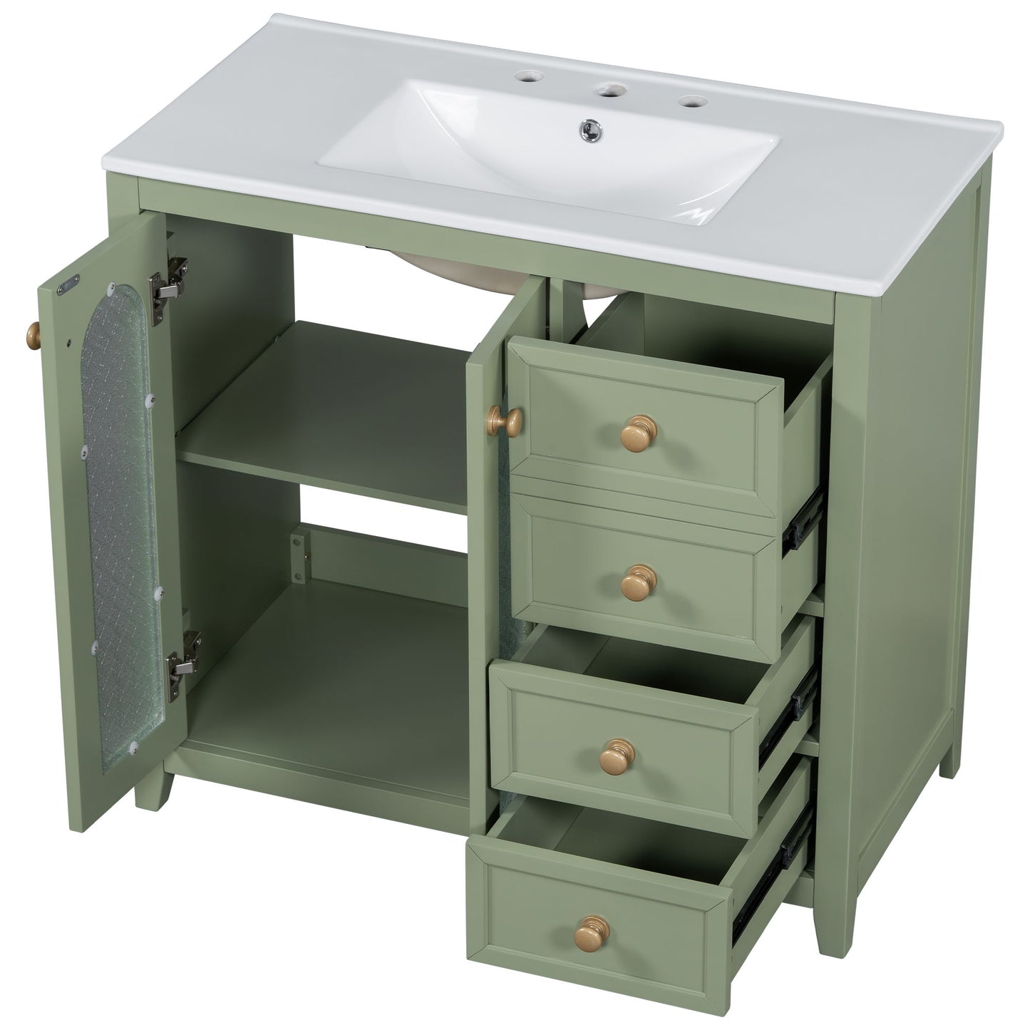 Bathroom Vanity With Two Soft Close Doors, Adjustable Shelves And Three Drawers - Green