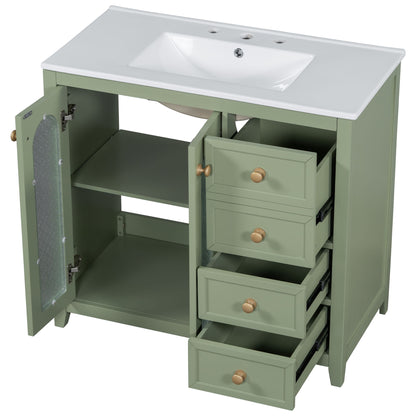 Bathroom Vanity With Two Soft Close Doors, Adjustable Shelves And Three Drawers - Green