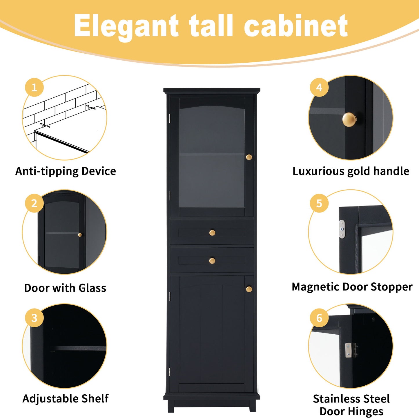 Tall Bathroom Storage Cabinet With Glass Doors, Free-Standing, Two Drawers, And Adjustable Shelves, MDF Board, Painted Perfect For Displaying Your Favorite Items - Black